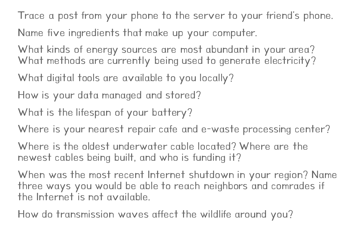 Bioregional Computing Quiz written by author, 2023. [A quiz with questions like “What is the lifespan of your battery?” and “Where is your nearest repair cafe and e-waste processing center?”]