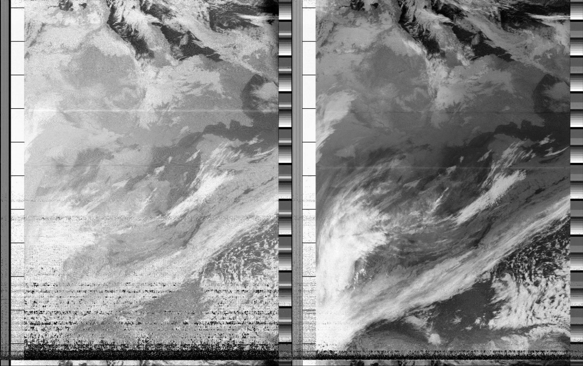 Image from NOAA-15 satellite received on July 2nd 2023. [Two grayscale images showing abstracted cloud formations, land masses, oceans, and jet streams.] 

