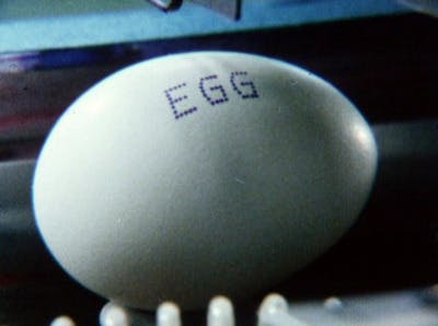Still from “Inkjet Printer” by Peter Greenaway, 1979. [An egg with the word “EGG” printed on it.]