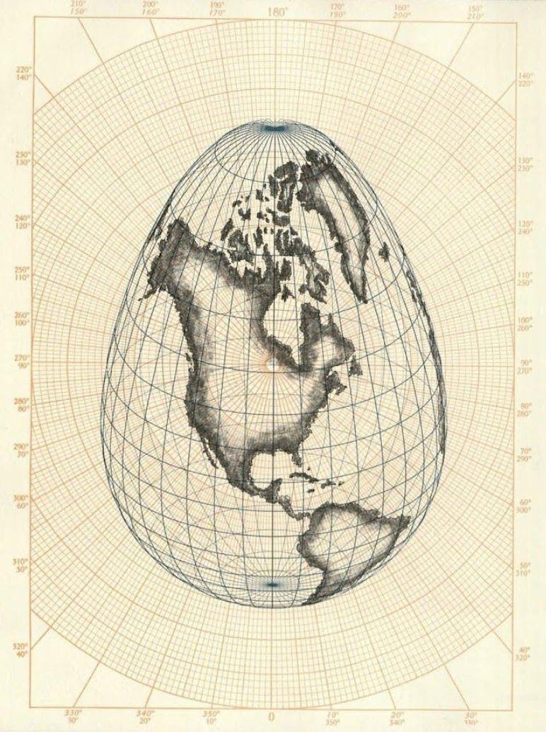 THE EGG, sinusoidal ovoid, by Agnes Denes, 1979. [An egg-shaped earth sketched out on graph paper, its longitude and latitude lines visible.]